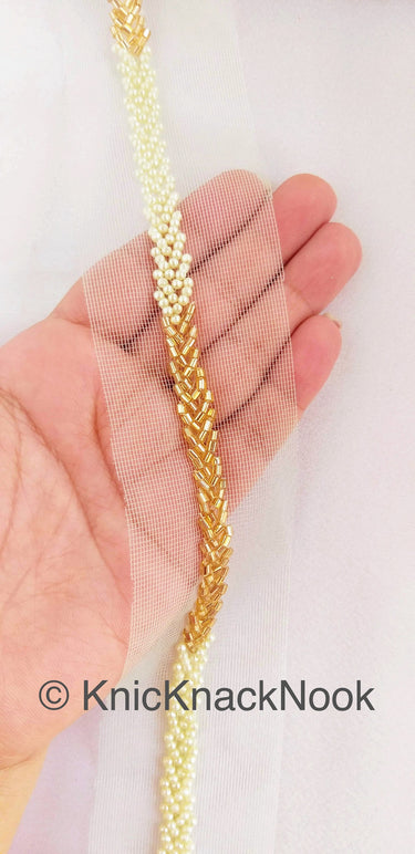 Green / Pink Net Lace Trim Hand Embroidered With Gold Bugle Beads And Ivory / Pink Seed Beads, Beaded Trim,